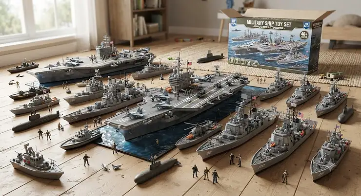 A complete military ship toy set for boys featuring navy battleships, aircraft carriers, and miniature action figures displayed on a playroom floor.
