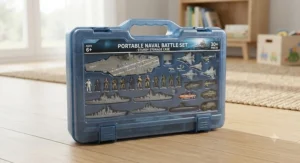 Portable military ship toy set for boys neatly packed inside a sturdy plastic storage carrying case with a handle.