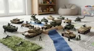 Miniature military vehicle toy set arranged on a playroom rug for imaginative battle scenes