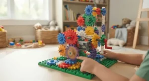 A motorized gear building toy set for boys in action with spinning interconnected gears.