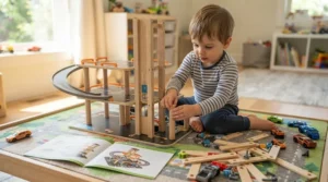 Child assembling a multi-level car garage toy in a bright playroom.
