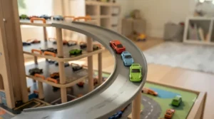 Miniature toy cars racing down the spiral ramp of a multi-level car garage toy.