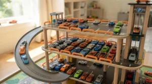Sturdy multi-level car garage toy showing efficient car storage features.