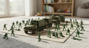 Classic green plastic army men paired with a military vehicle toy set of transport trucks