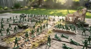 Detailed diorama featuring a bulk set of plastic army men in a backyard setting.