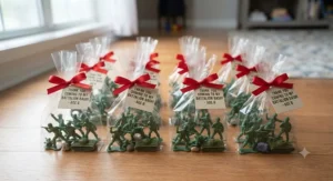 Plastic army men bulk set organized into small bags for birthday party favors.