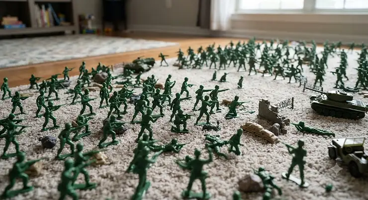 A large bulk set of green plastic army men toy soldiers arranged for battle.