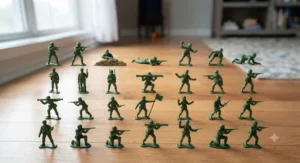 Assorted poses of green plastic army men from a bulk set collection.