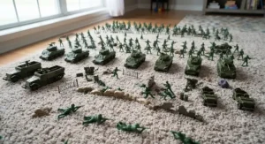 A bulk set of plastic army men featuring miniature tanks and equipment.