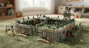 Classic plastic army men playset for boys showcasing green and tan toy soldiers guarding a military outpost.