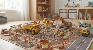 A realistic construction site toy playset for boys, showing a simulated excavation area with gravel and construction barriers.