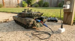 Rechargeable remote control tank toy for boys shown with its USB charging cable