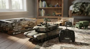 Remote control military vehicle toy set with a camouflage tank and controller ready for play