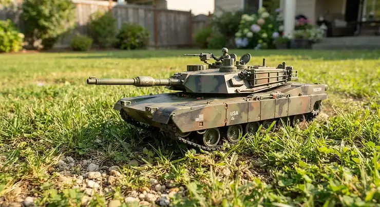 Remote control tank toy for boys driving on backyard grass