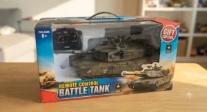 Remote control tank toy for boys displayed inside its colorful gift-ready packaging box