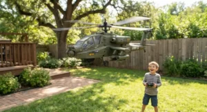 Remote control toy military helicopter for boys flying in a sunny backyard