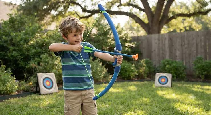 A young boy playing outdoors in the backyard, safely aiming a foam bow and arrow set.