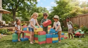 Preschool children playing safely with soft jumbo foam building bricks in a grassy yard