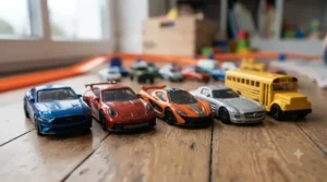 A multi-pack set of colorful diecast cars for kids to race and collect.