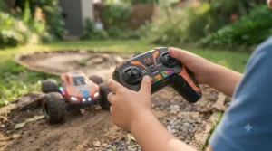 Child holding a wireless controller for an orange stunt car toy for boys.