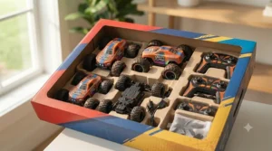A gift box containing multiple stunt car toys for boys with various designs.
