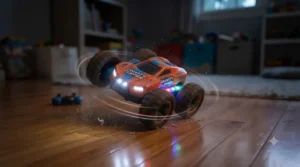 Colorful LED stunt car toy for boys spinning rapidly in a dark playroom.