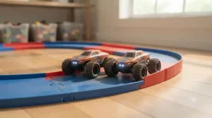 Two stunt car toys for boys racing head-to-head on an indoor plastic track.