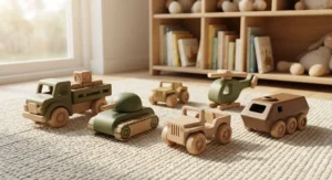 Toddler-friendly wooden military vehicle toy set with smooth edges and chunky toy trucks