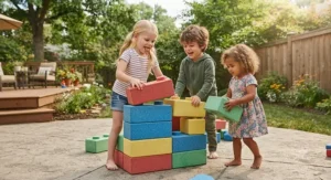 Group of toddlers stacking safe and soft jumbo foam building bricks on an outdoor patio