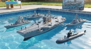 Waterproof military ship toy set for boys designed for floating in swimming pools, bathtubs, or backyard water tables.
