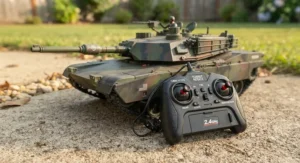 Wireless rc military tank toy for boys with ergonomic handheld remote controller