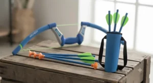 A foam bow and arrow set for boys complete with a matching wearable target quiver filled with safe foam arrows.