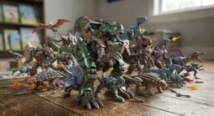 An action-packed display of various dinosaur transformer toys for boys ready for battle