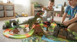 Action-packed dinosaur world playset with toy figures and vehicles for young boys