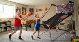 Two boys playing an arcade-style electronic basketball game indoors