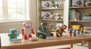 A variety of budget-friendly robot toys arranged on a table for boys in the 8-10 age range.