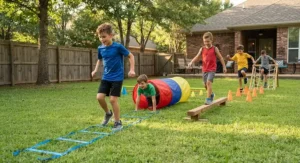 Active boys participating in fun fitness activities on a challenging backyard obstacle course