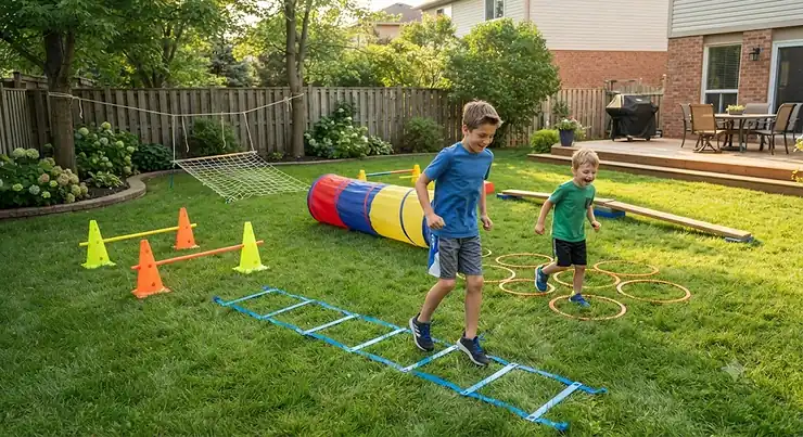 Colorful DIY backyard obstacle course for boys set up on a green lawn with agility rings and cones