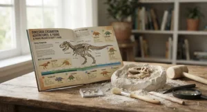 An educational guide included with a dinosaur fossil dig kit for kids, explaining facts about prehistoric creatures.