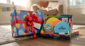 Wrapped birthday gift box containing a colorful youth disc golf set for kids.