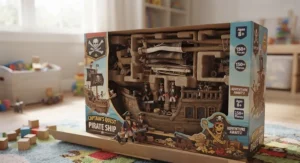 Unwrapped pirate ship playset for boys displayed inside its colorful retail packaging box.