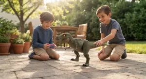 Kids playing together with a remote control dinosaur toy for boys on a backyard patio