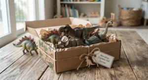 Gift-wrapped box containing a collection of realistic dinosaur figures for boys.