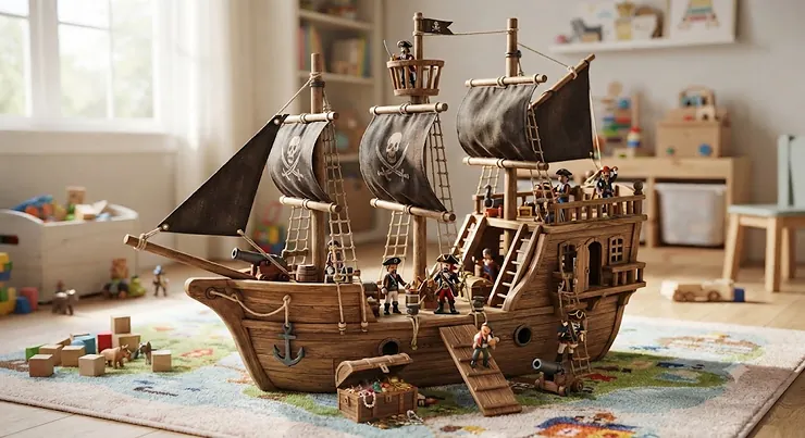 Pirate ship playset for boys including treasure chest, cannon, and pirate action figures.