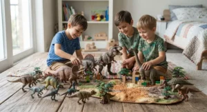 Group of realistic dinosaur figures for boys displayed in a bedroom play area.