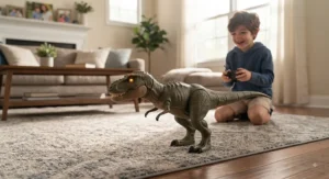 Remote control dinosaur toy for boys moving across a living room rug