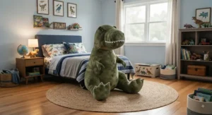 A giant dinosaur stuffed animal styled as a centerpiece in a boy's dinosaur-themed bedroom