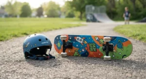 Colorful beginner skateboard and safety helmet for active boys