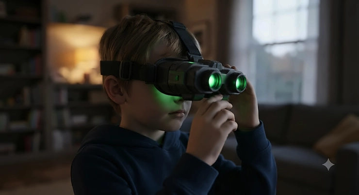 Boy wearing night vision goggles from a popular spy gear toys set for kids. spy gear toys for kids boys