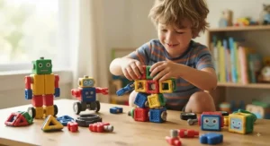 A creative set of build-your-own robot toys with magnetic blocks, perfect for boys aged 5-7.